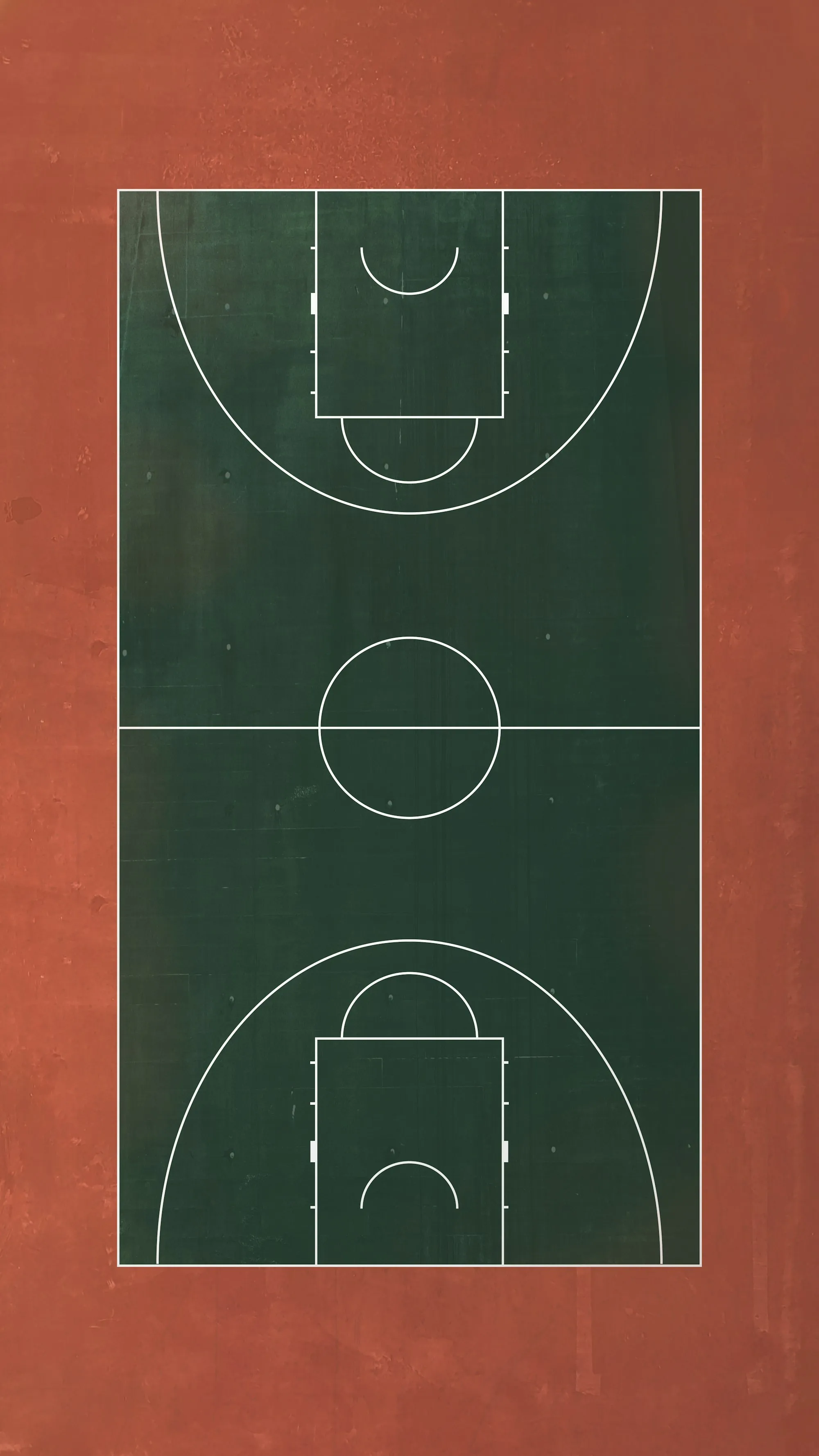Aerial view of a green and red basketball court